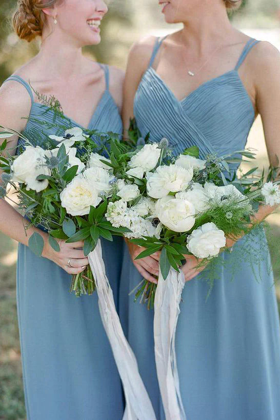 A-line Spaghetti Straps Pleated Dusty Blue Long Bridesmaid Dress/Formal Women's Dresses